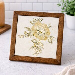 Vintage Floral Ceramic Tile Trivet Wood Frame Cottagecore Farmhouse Decor